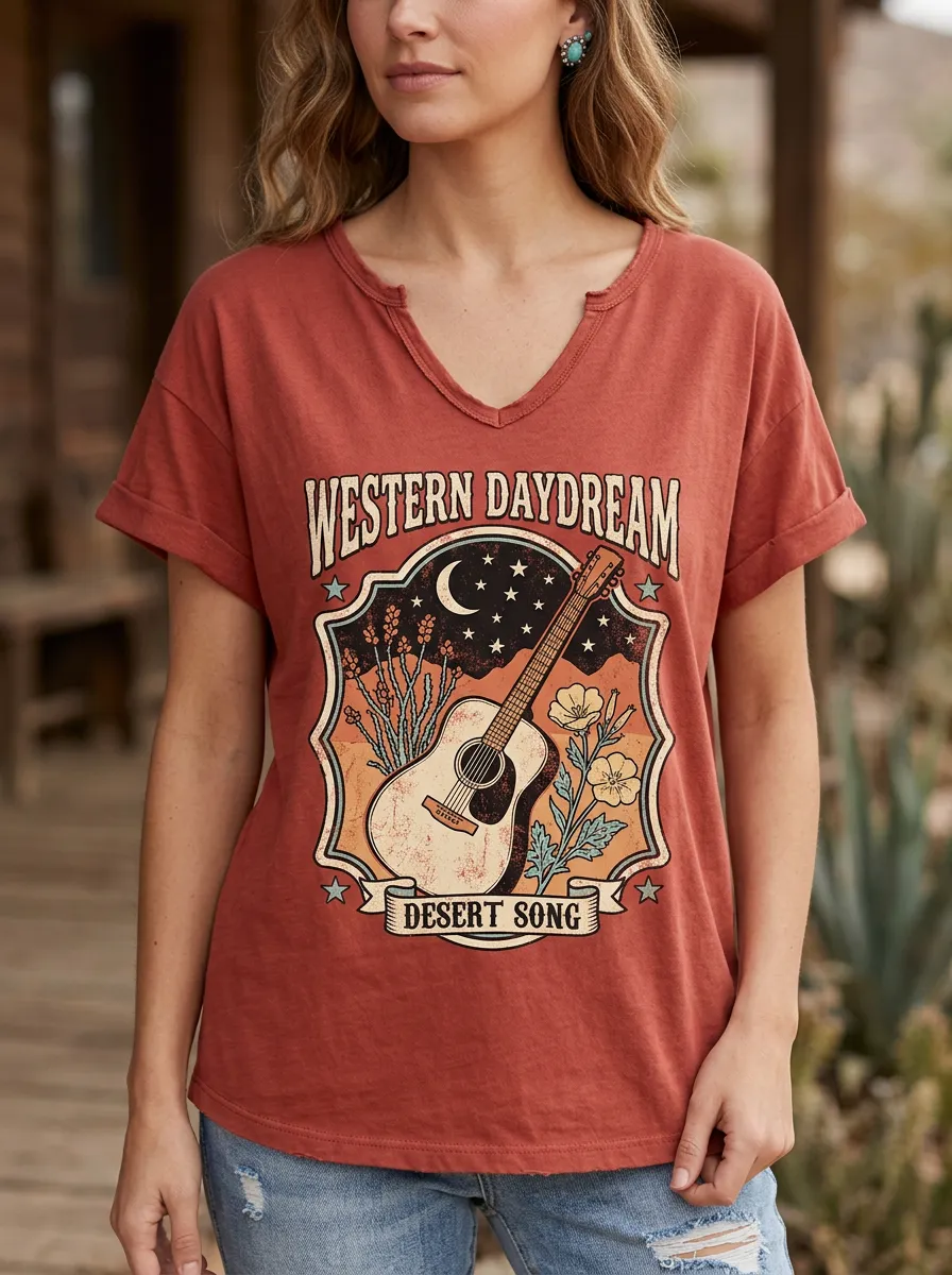 Women's Western Daydream Guitar Desert Song Printed V-neck T-shirt