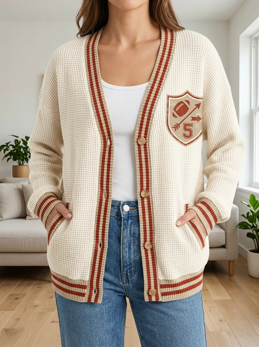 Women's Football Fan Number 5 Shield Printed Waffle Cardigan