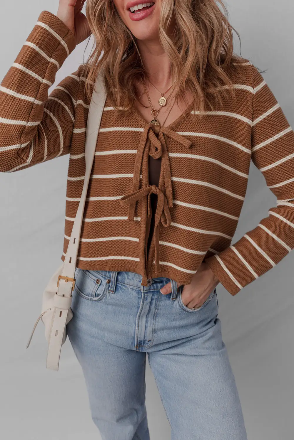 Tie Front Striped Knit V Neck Cardigan