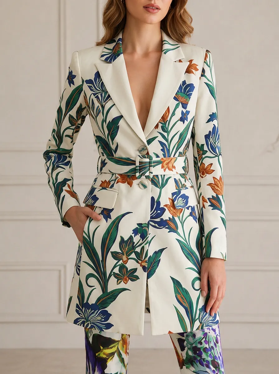 Women's Botanical Floral Belted Printed Blazer