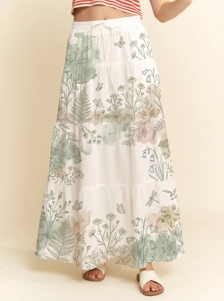 Women's Botanical Nature Lover Butterfly Floral Printed Maxi Skirt