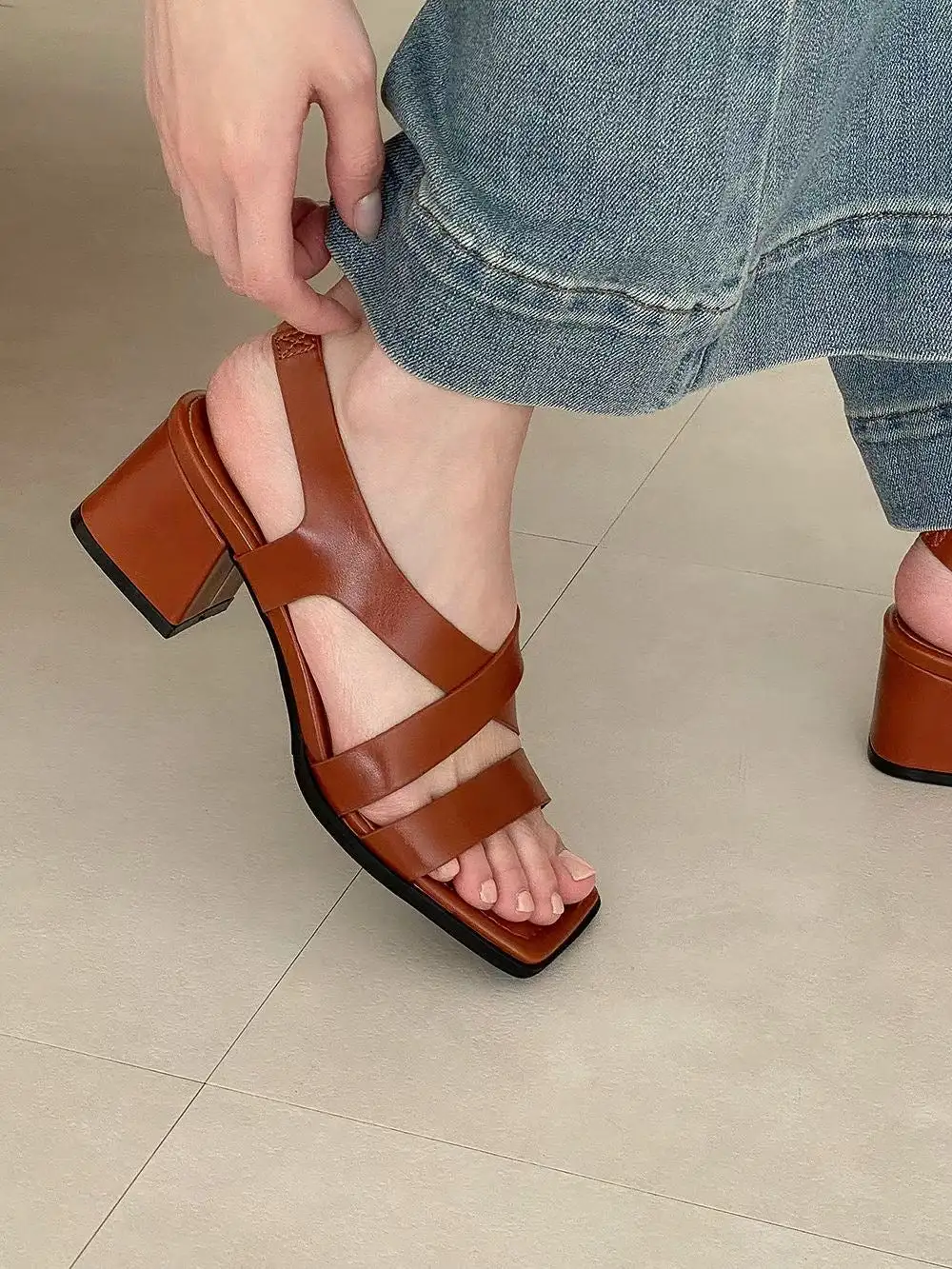 Faux Leather Cross Strap Heeled Sandals