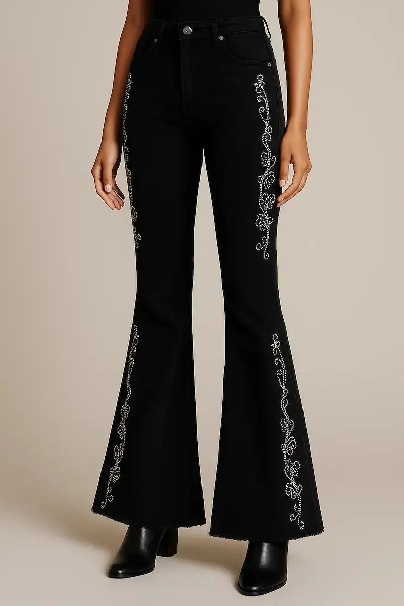 Rhinestone Detail Western Style Flare Denim Jeans