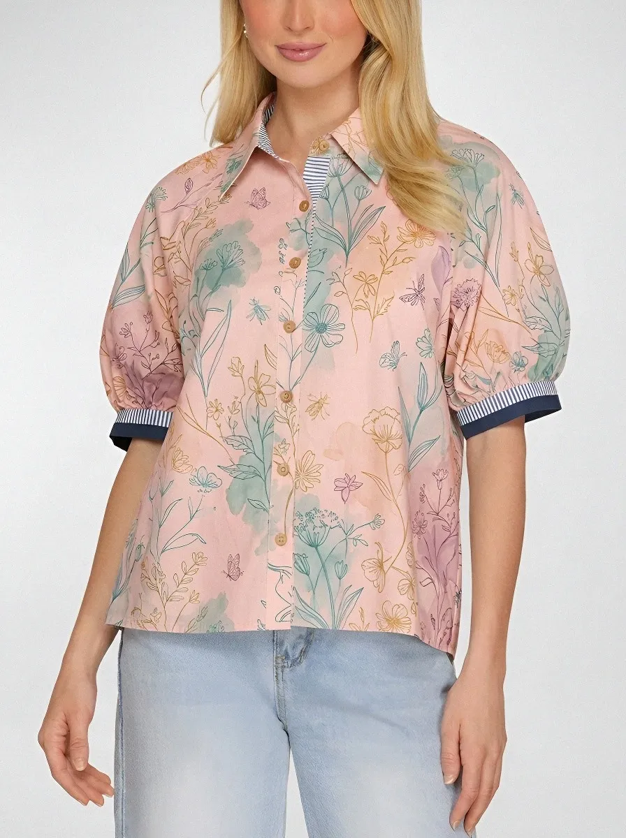 Women's Botanical Garden Butterfly Printed Button-up Shirt