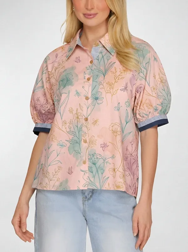 Women's Botanical Garden Butterfly Printed Button-up Shirt