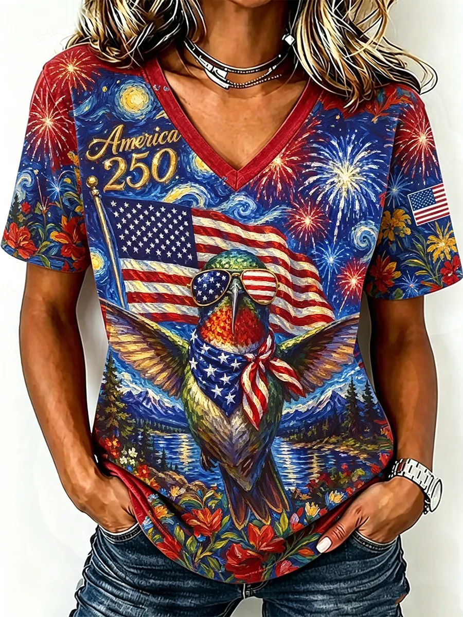 Women'S American Flag Hummingbird Printed Casual V-Neck T-Shirt
