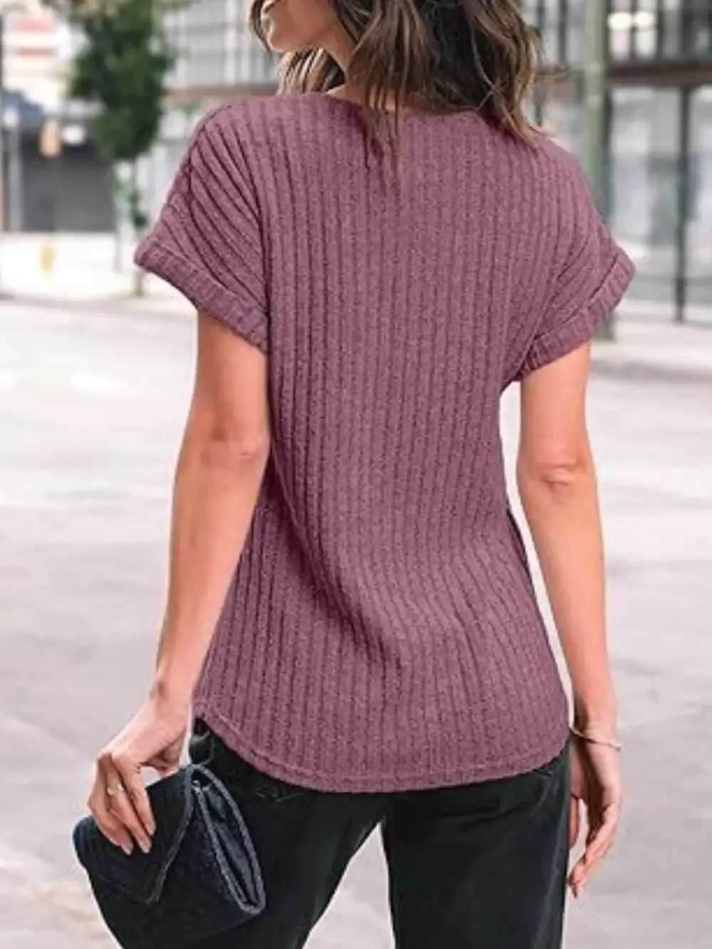 Casual Ribbed Knit Short Sleeve T Shirt