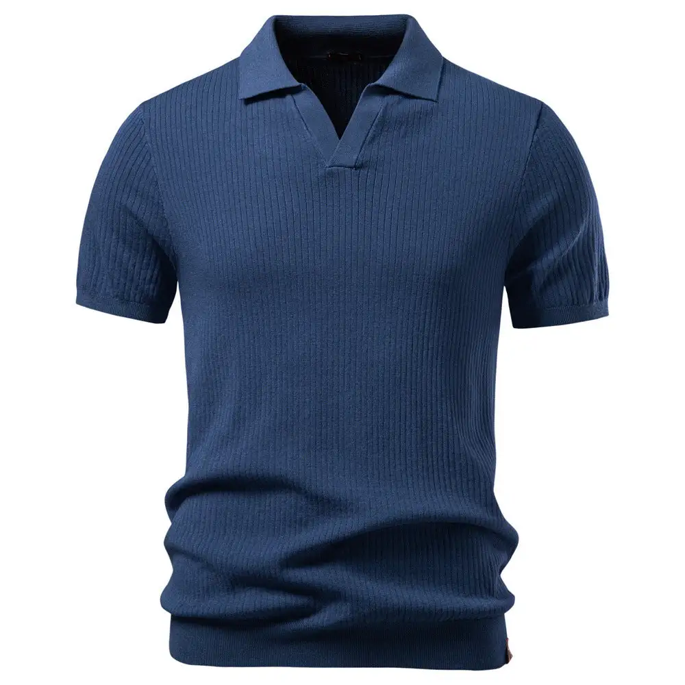 Ribbed Spread Collar Short Sleeve Polo Shirt