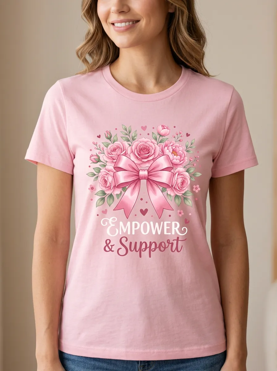 Women's Breast Cancer Awareness Floral Ribbon Empower Printed T-shirt