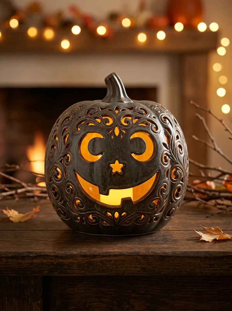 Carved Ceramic-Look Halloween Pumpkin Light