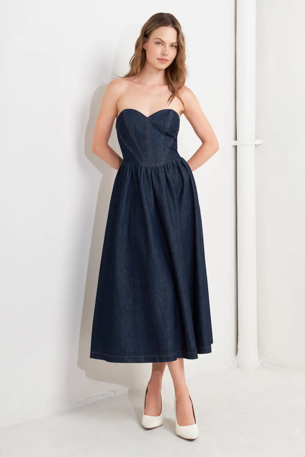 Strapless Denim Midi Dress