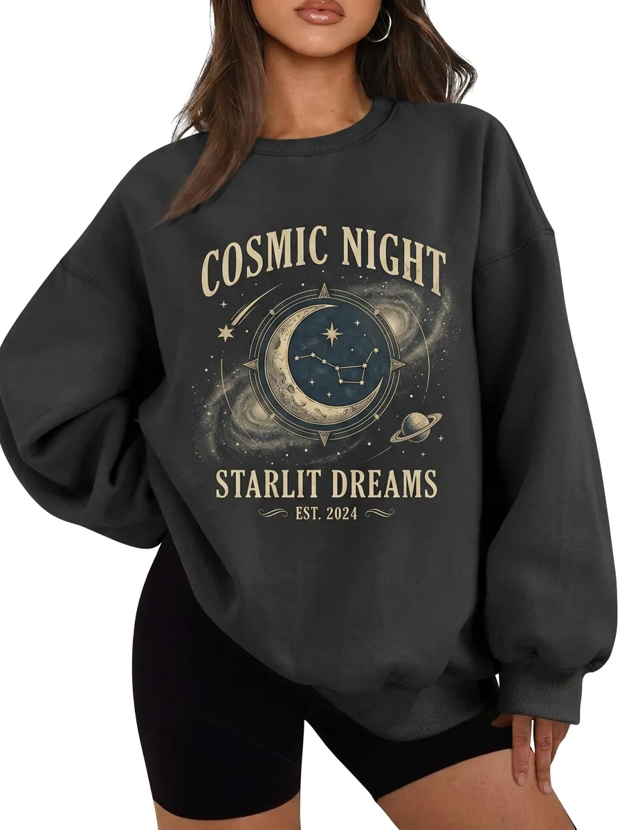 Women's Cosmic Night Starlit Dreams Moon Planet Printed T-shirt