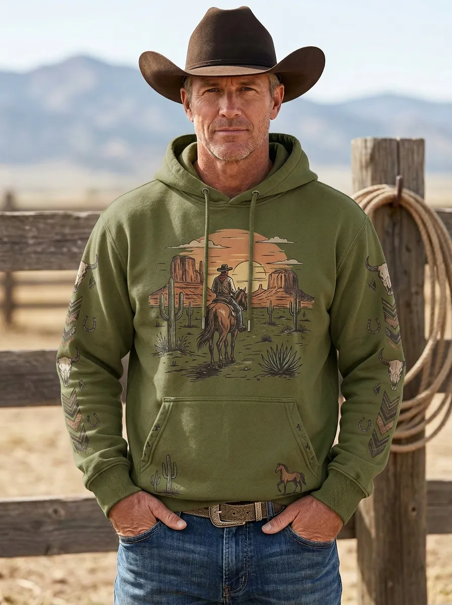 Men's Western Cowboy Desert Sunset Sun Graphic Hoodie