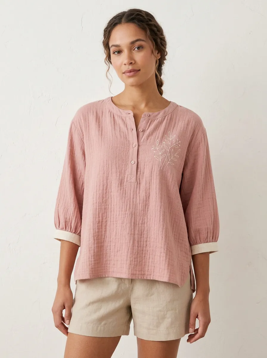 Women's Botanical Minimalist Leaf Embroidered Printed Cotton And Linen Top