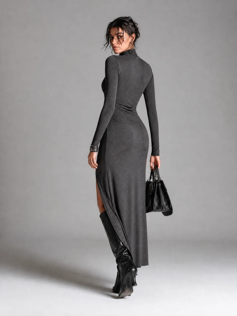 Elegant Stretch Knit Ruched High Neck Long Sleeve Bodycon Maxi Dress With Side Slit