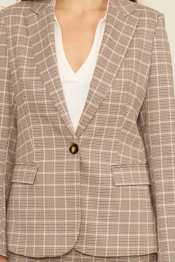 Beige Plaid Single-Button Blazer