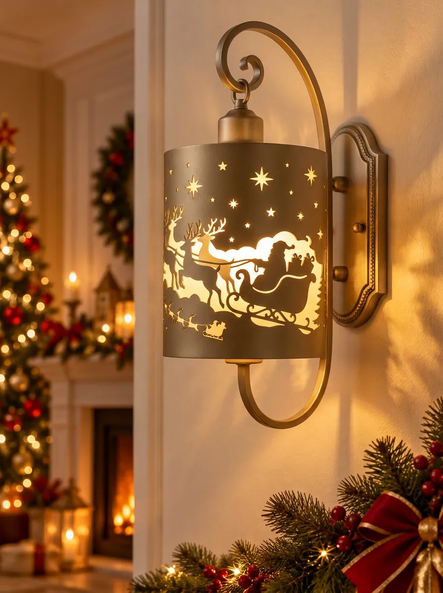 Metal Santa Sleigh Reindeer Cutout Christmas Wall Light
