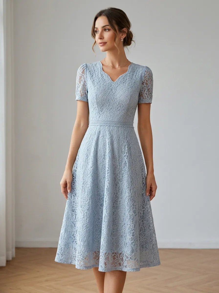 Women's Elegant V-Neck Light Blue Floral Lace Printed Dress