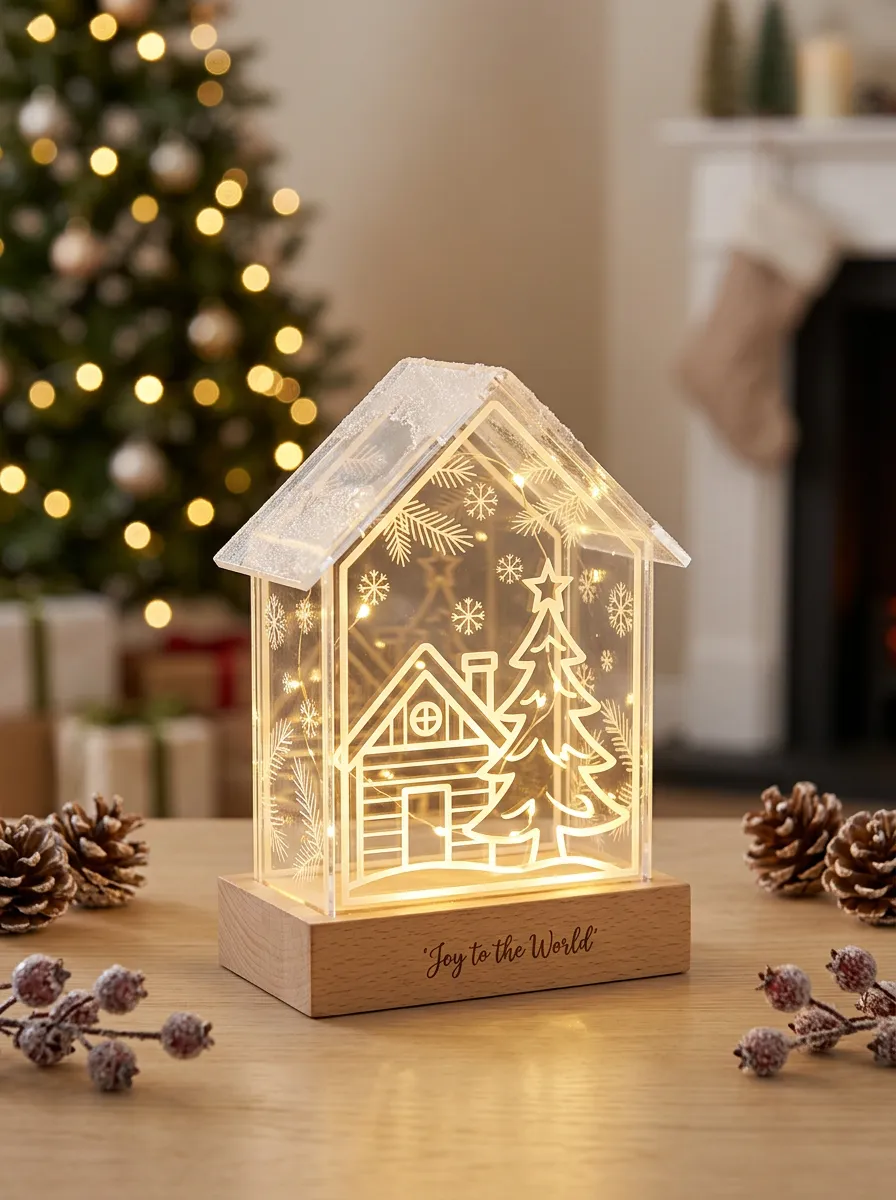 Festive Cabin Scene Christmas Tree Print Christmas Light-Up Tree Decor