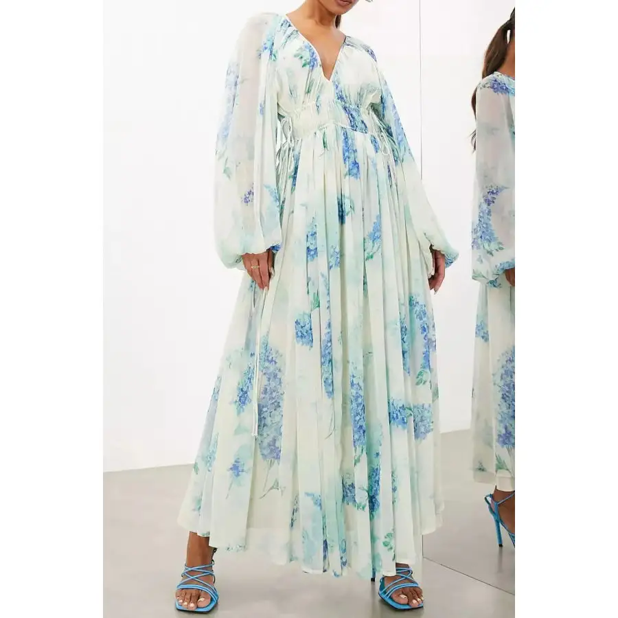 Floral Print Bohemian Maxi Dress with Balloon Sleeves