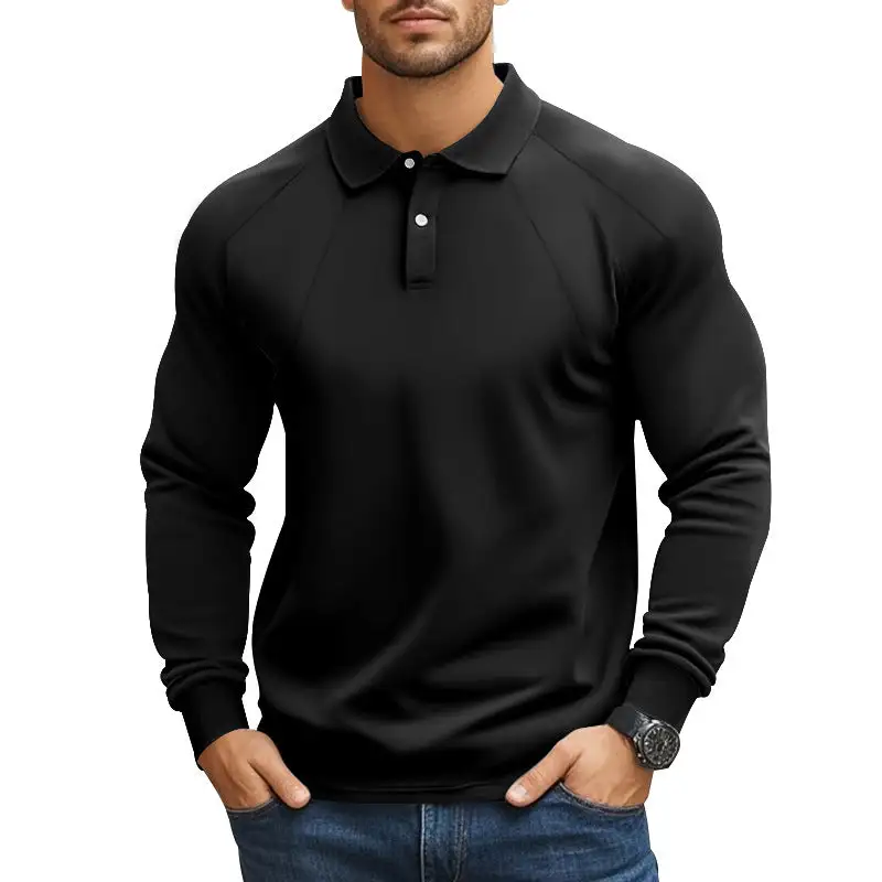 Ribbed Button Placket Raglan Sleeve Polo Shirt