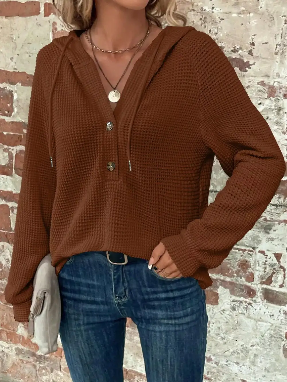 Drawstring Buttoned Pocketed Waffle-Textured Hoodie
