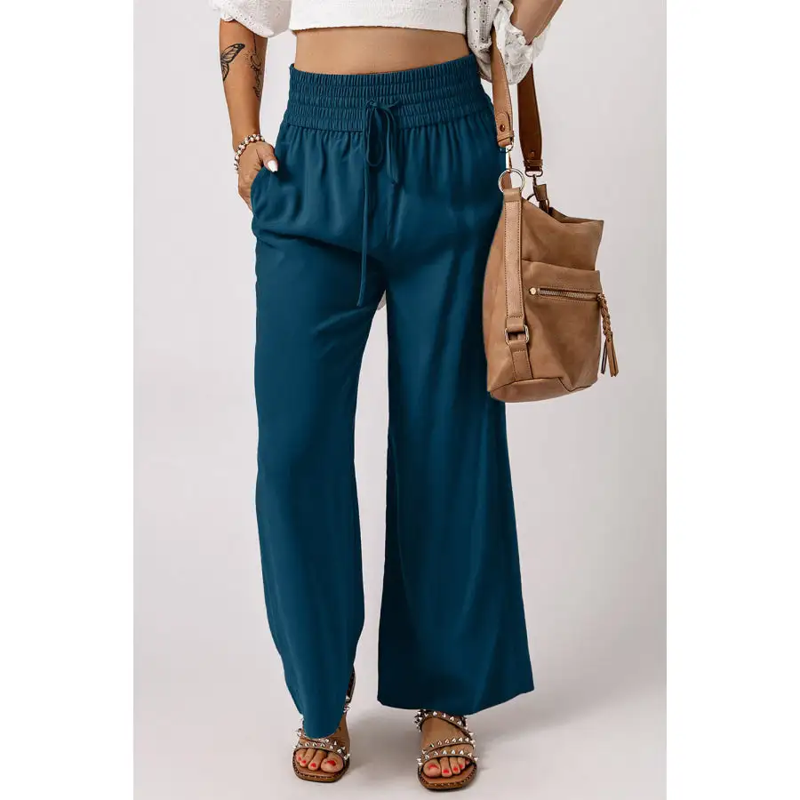 Drawstring Smocked Waist Wide Leg Pants