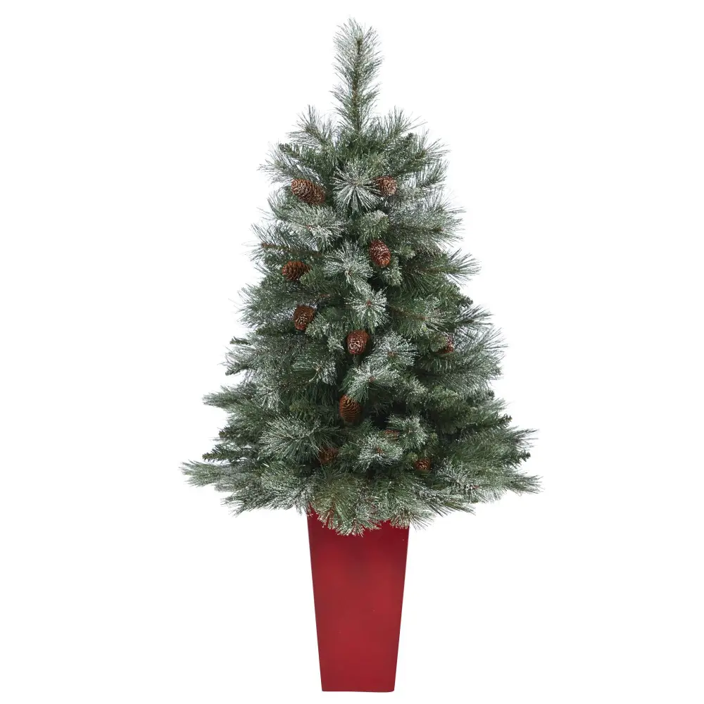 Snowed French Alps Mountain Pine Artificial Christmas Tree with Bendable Branches and Pine Cones in Planter
