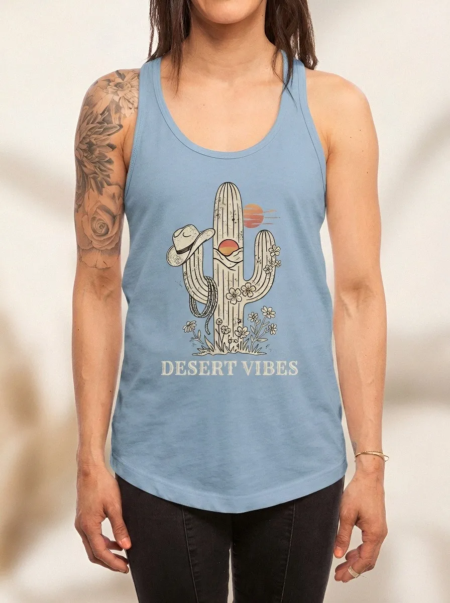Women's Desert Vibes Cowboy Hat Cactus Floral Printed Tank Top