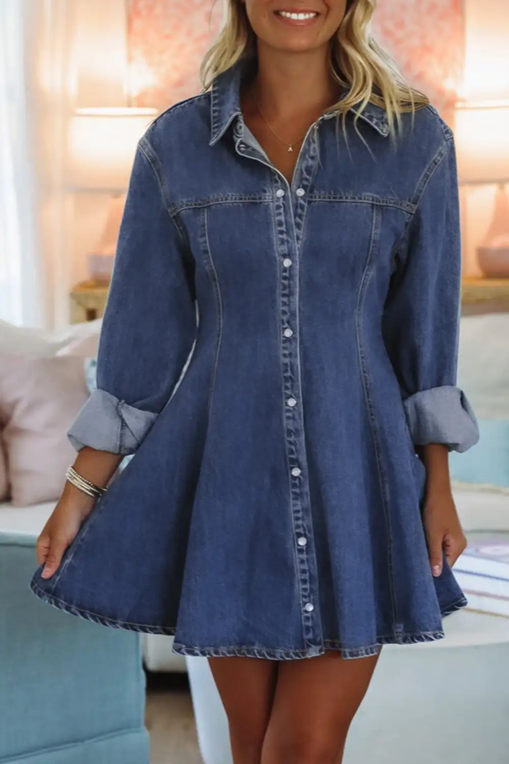 Denim Look Collared Long Sleeve Mini Dress