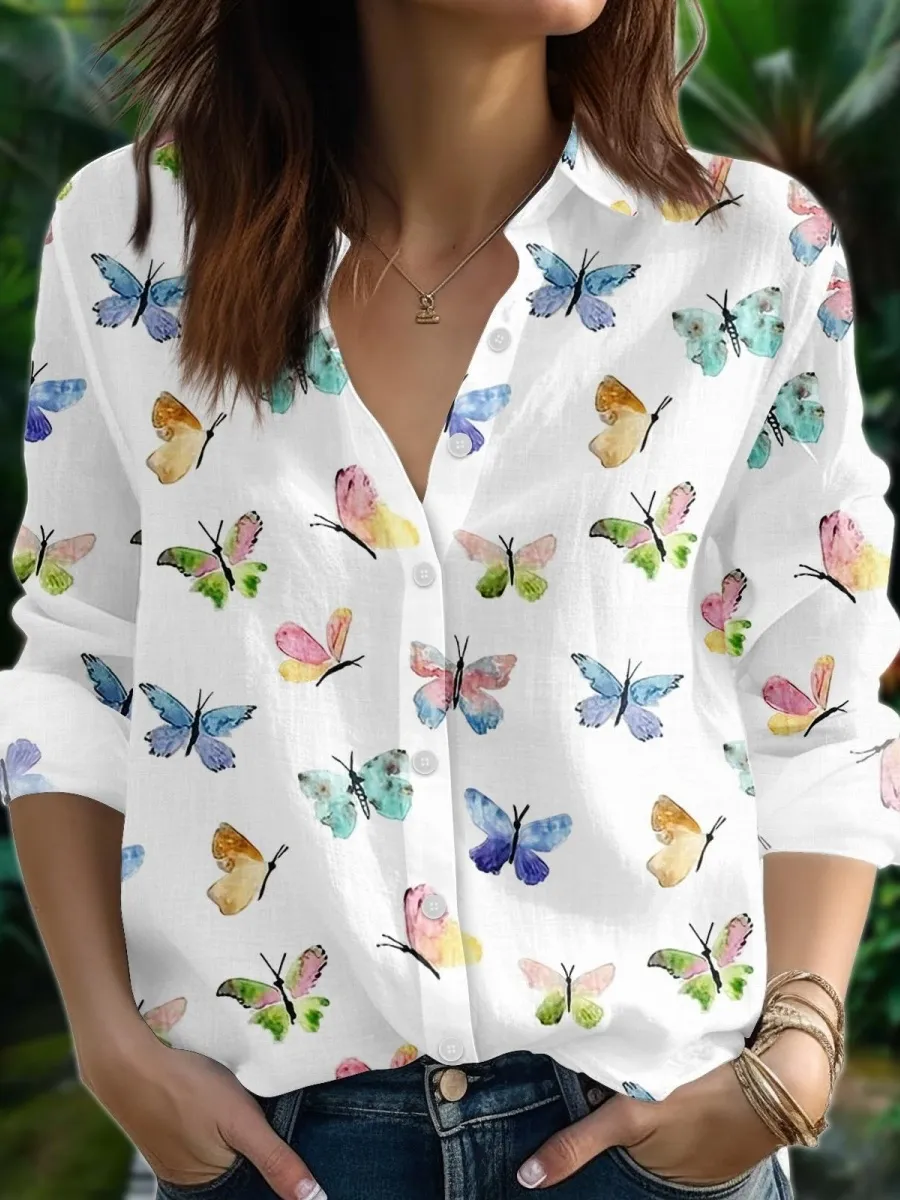 Watercolor Butterfly Button Shirt