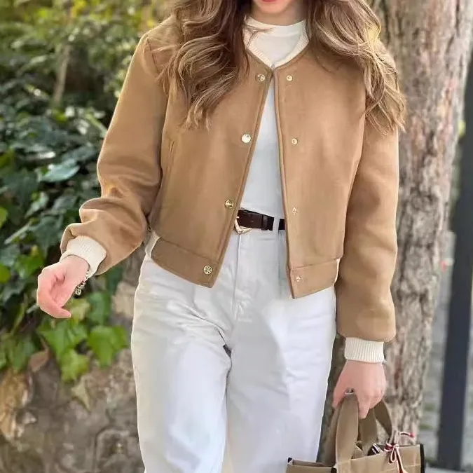 Varsity Cropped Snap Front Bomber Jacket