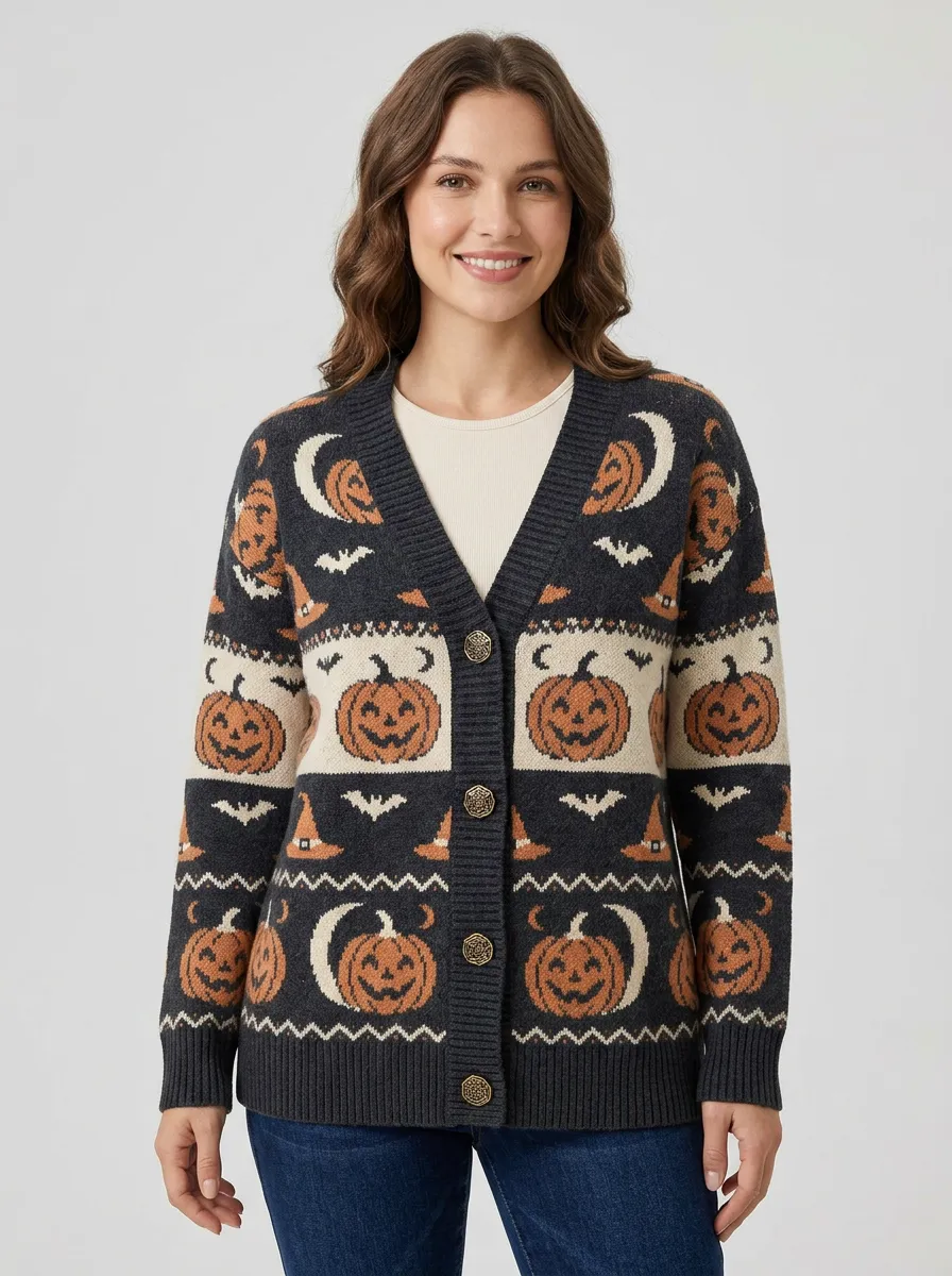 Women's Halloween Pumpkin Bat Witch Hat Pattern Printed Cardigan