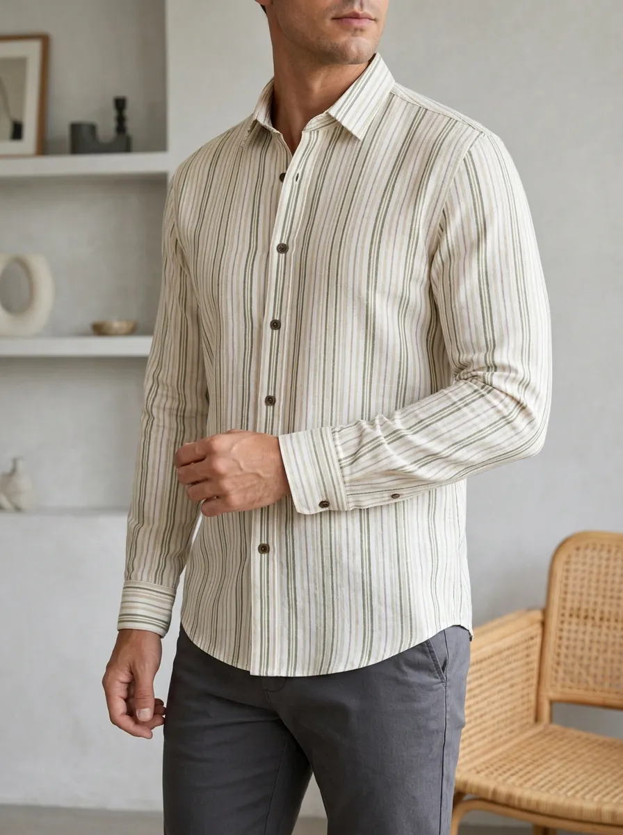 Men's Casual Style Green Beige Vertical Striped Printed Slim Fit Shirt