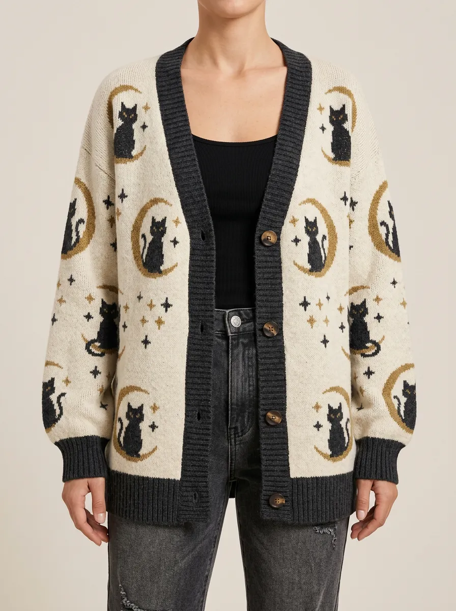 Women's Cat Moon Stars Halloween Knit Cardigan