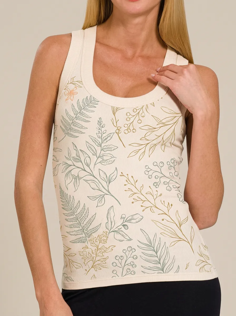 Women's Botanical Nature Lover Fern Leaf Printed Ribbed Tank Top