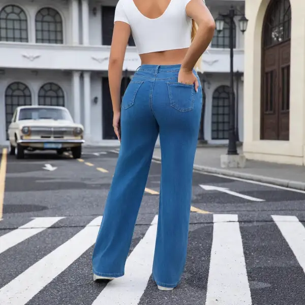 High Waist Stretch Wide Leg Straight Denim Jeans