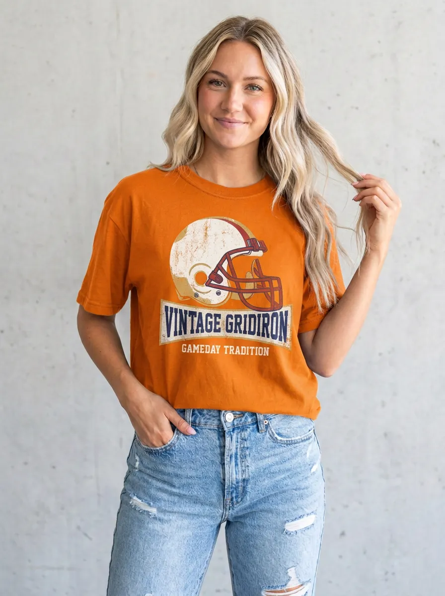 Women's Football Fan Vintage Gridiron Helmet Printed T-shirt