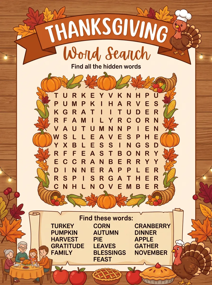 Kids Family Thanksgiving Pumpkin Word Search Poster