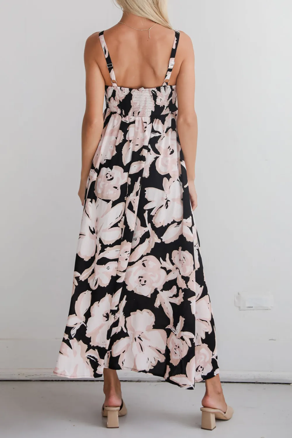 Black Strapless Floral Midi Dress