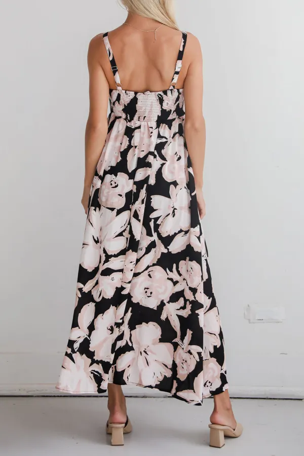 Black Strapless Floral Midi Dress