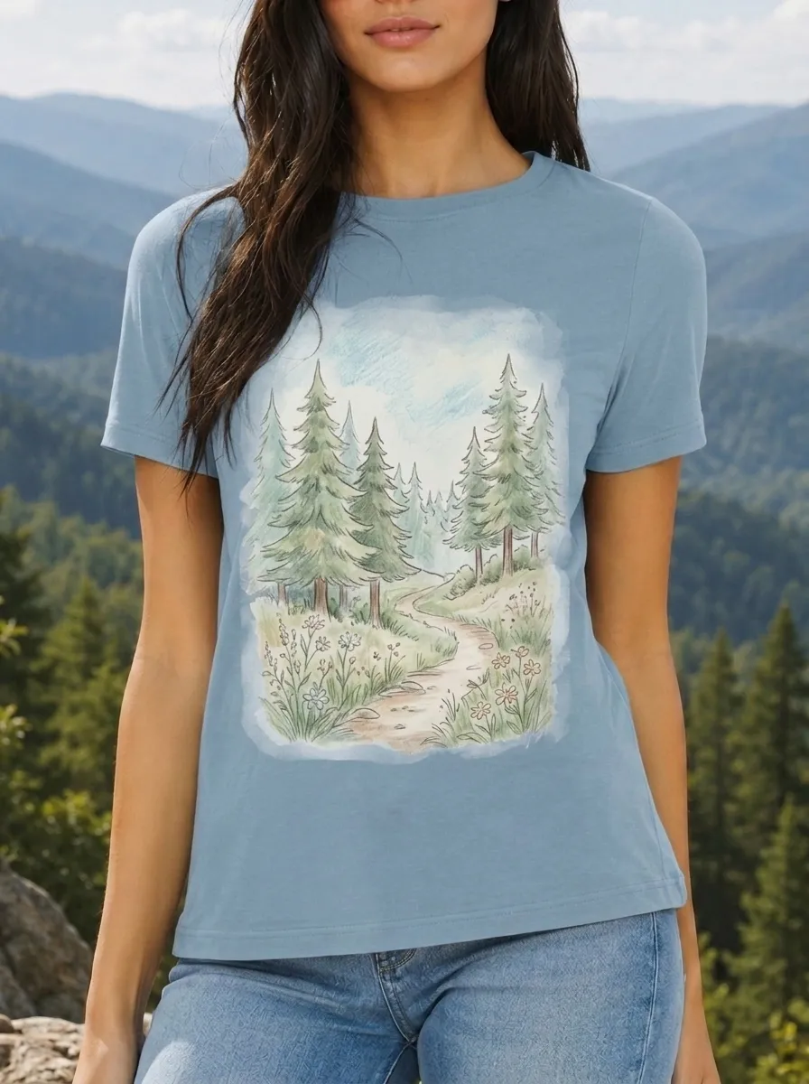 Women's Nature Lover Forest Path Watercolor Printed T-shirt