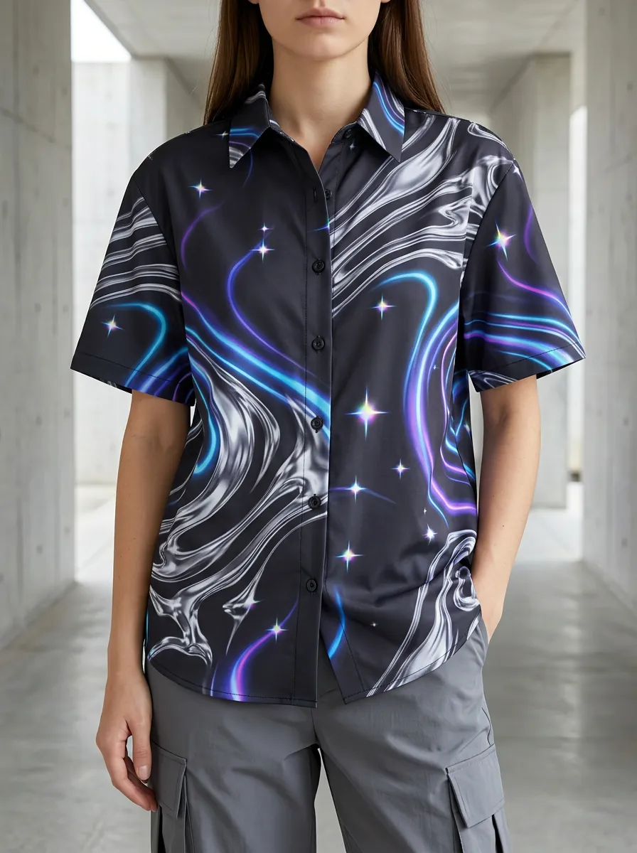 Women's Layered Cosmic Galaxy Swirl Star Shirt