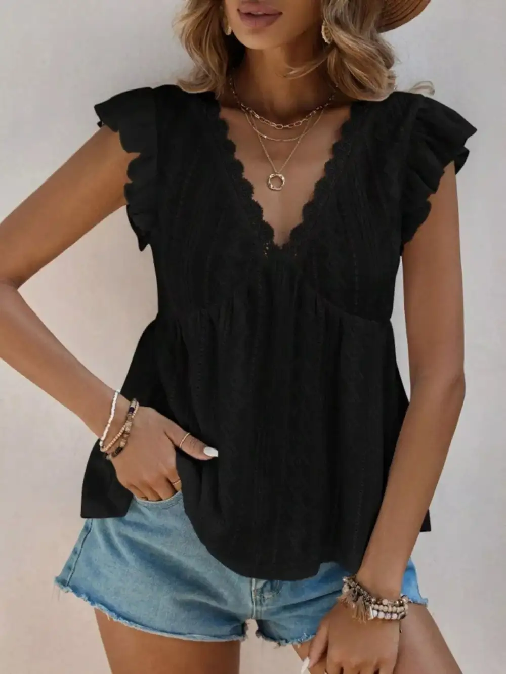 Ruffle Sleeve V Neck Blouse