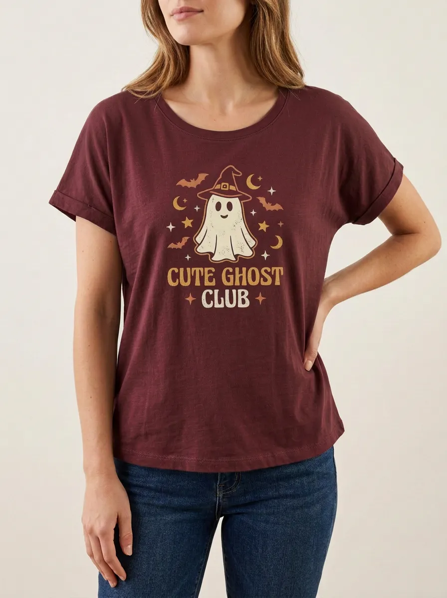Women's Halloween Cute Ghost Club Witch Hat Printed T-shirt