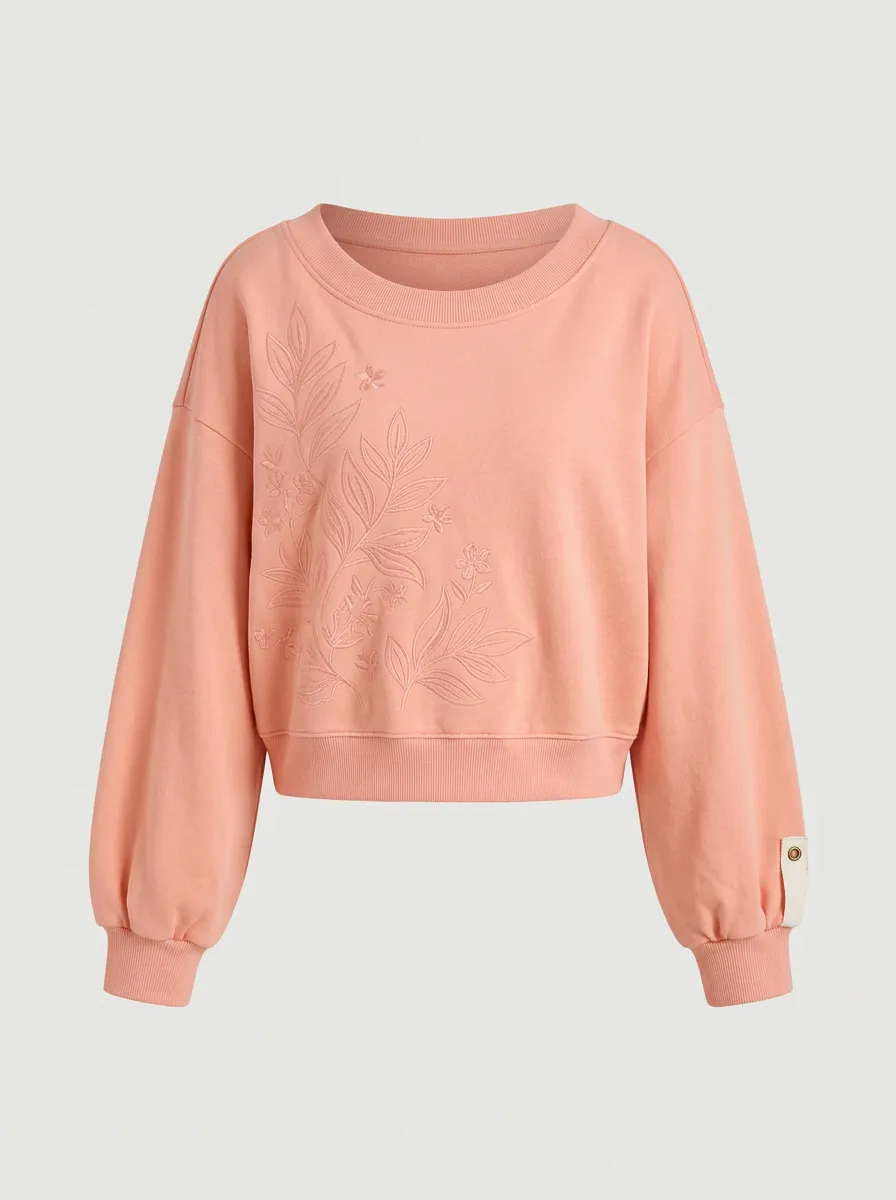 Women's Pink Floral Embroidered Crewneck Sweatshirt