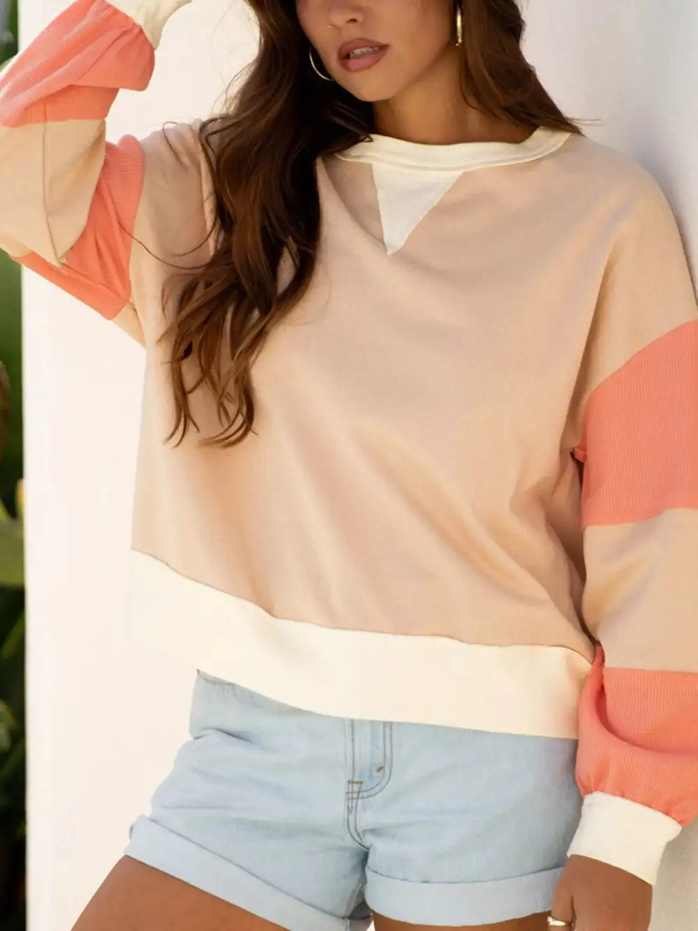 Waffle Knit Textured Color Block Sweatshirt