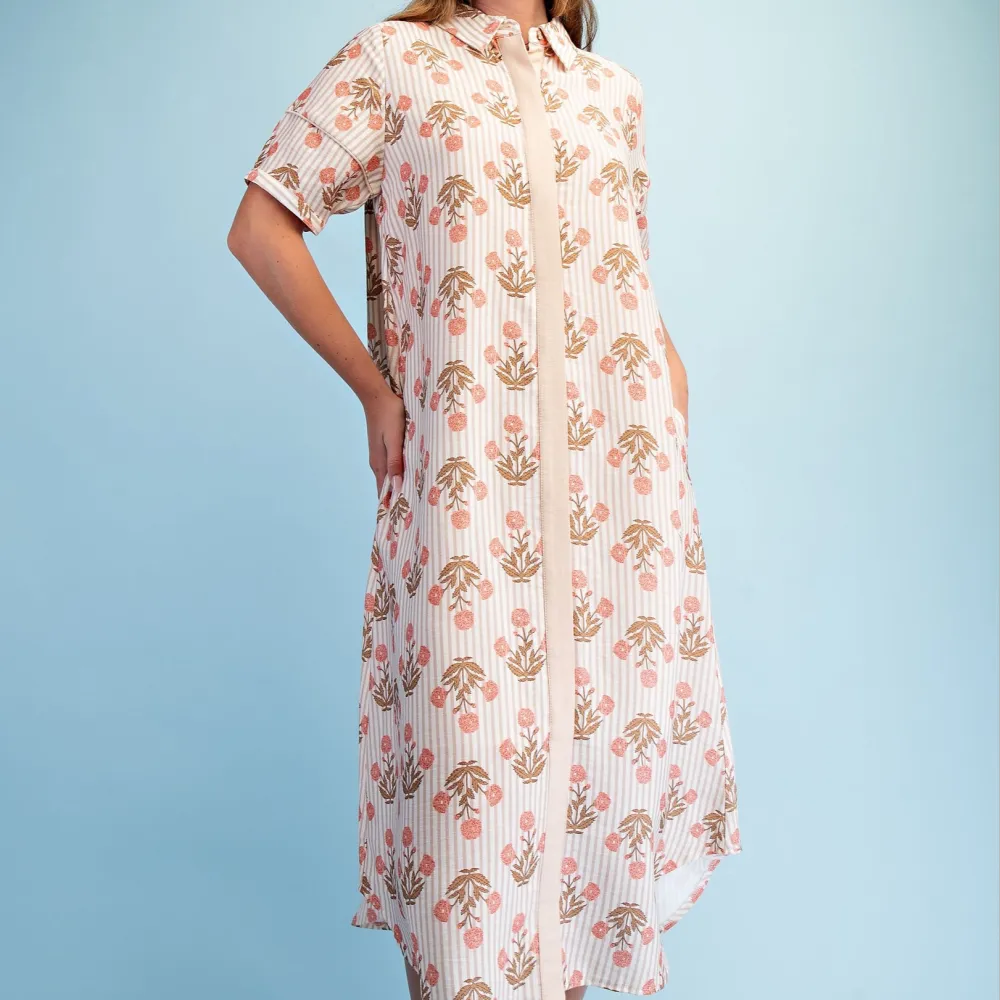 Modern Floral Striped Short Sleeve Collared Dress