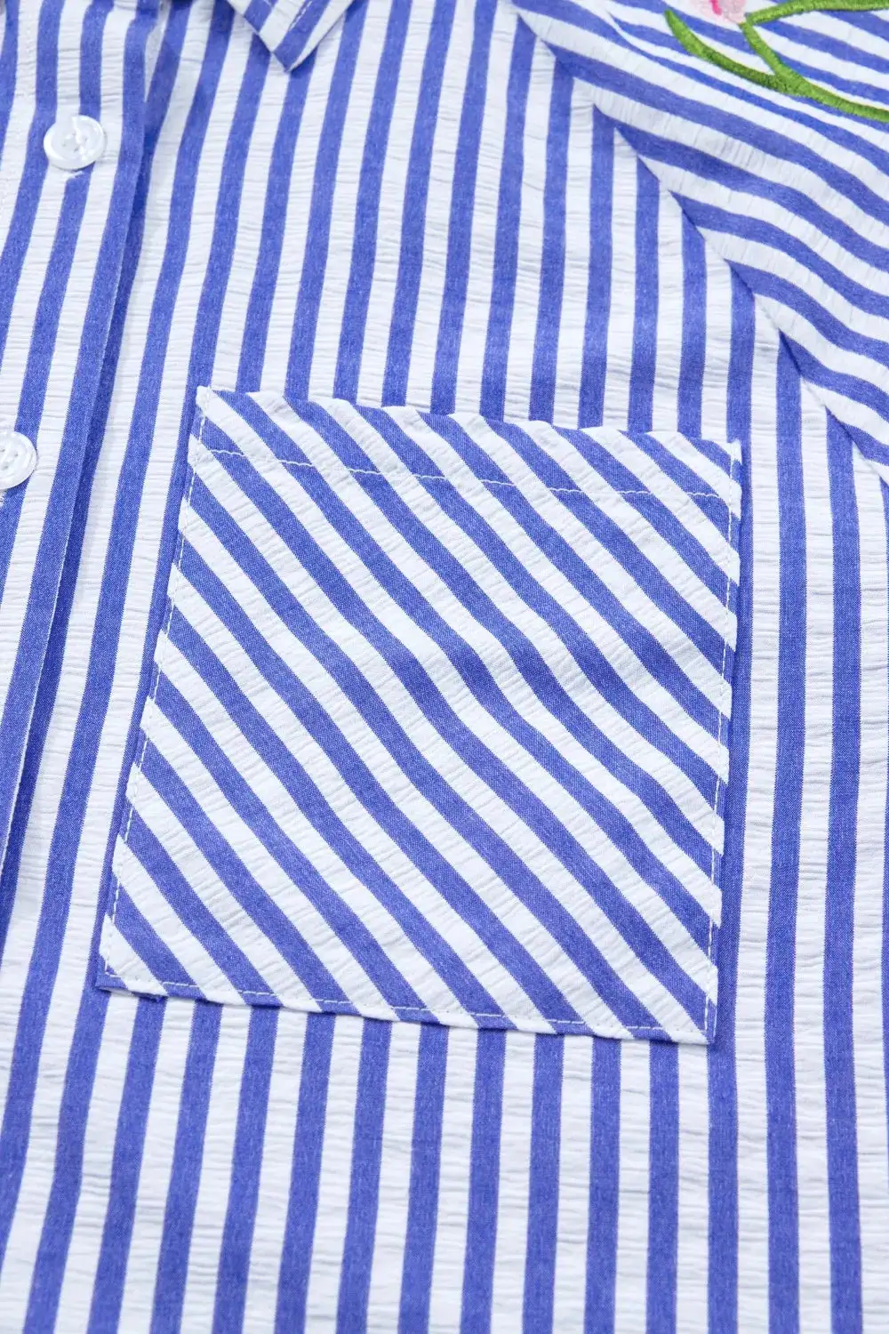 Striped Floral Embroidered Puff Sleeve Button Down