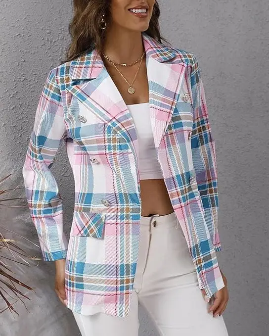 Patterned Denim Midi-Length Lightweight Tailored Blazer